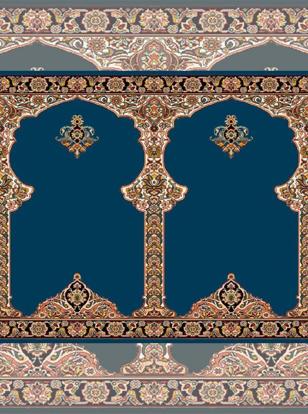 سجاده فرش محراب دار با گل‌های شاه عباسی رنگ آبی کاربنی