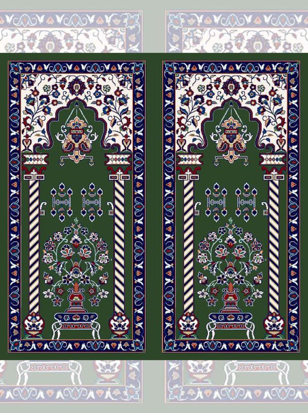 سجاده فرش محرابی نقش درخت و گلدان با رنگ سبز