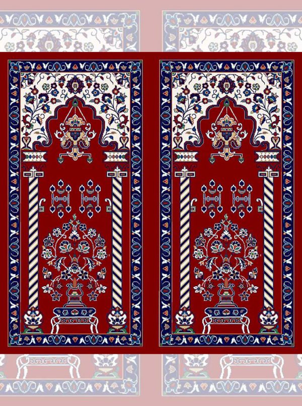 سجاده فرش محرابی با نقش درخت و گلدان با رنگ قرمز